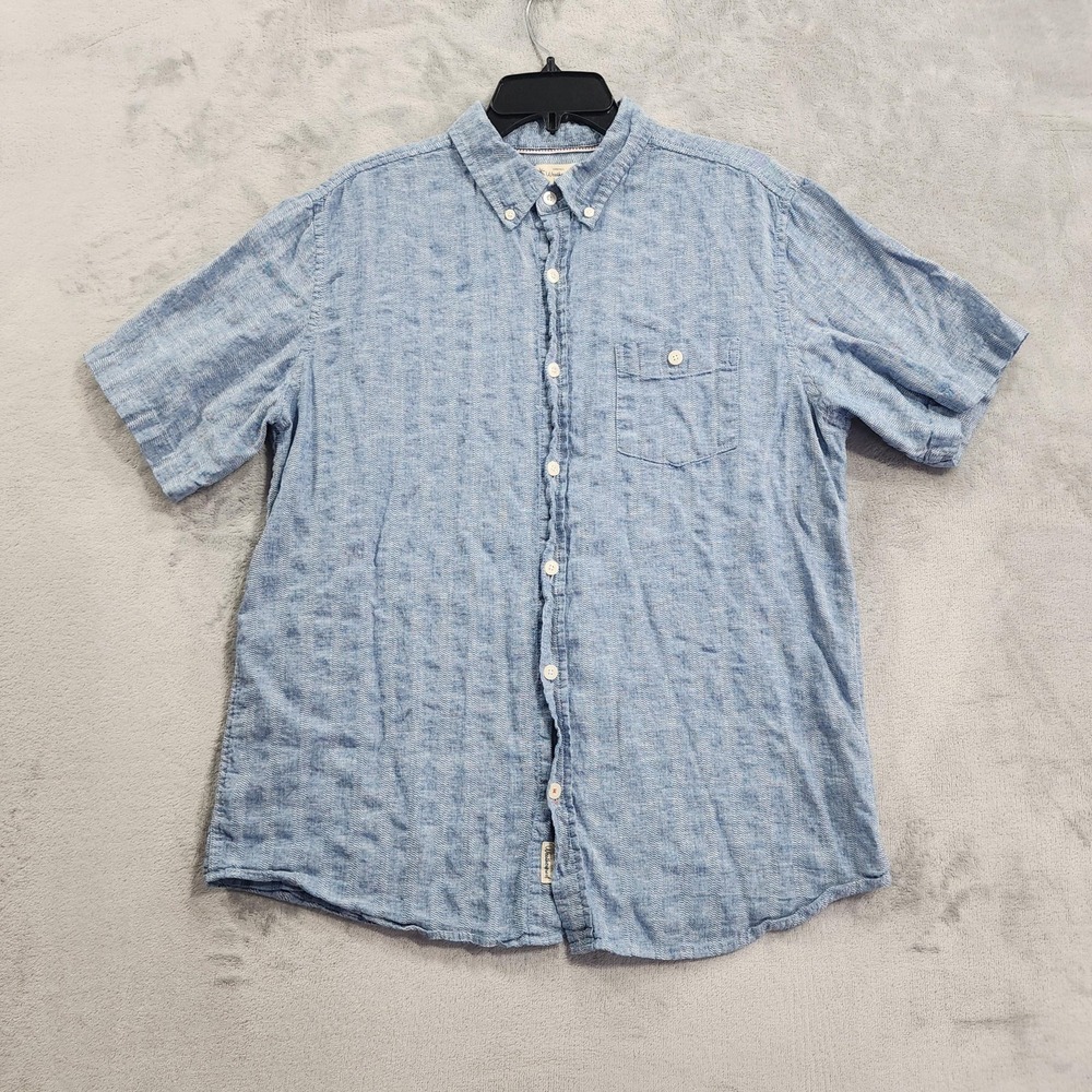 Weatherproof Vintage Shirt Mens L Blue Stripe Linen Short Sleeve Button Front